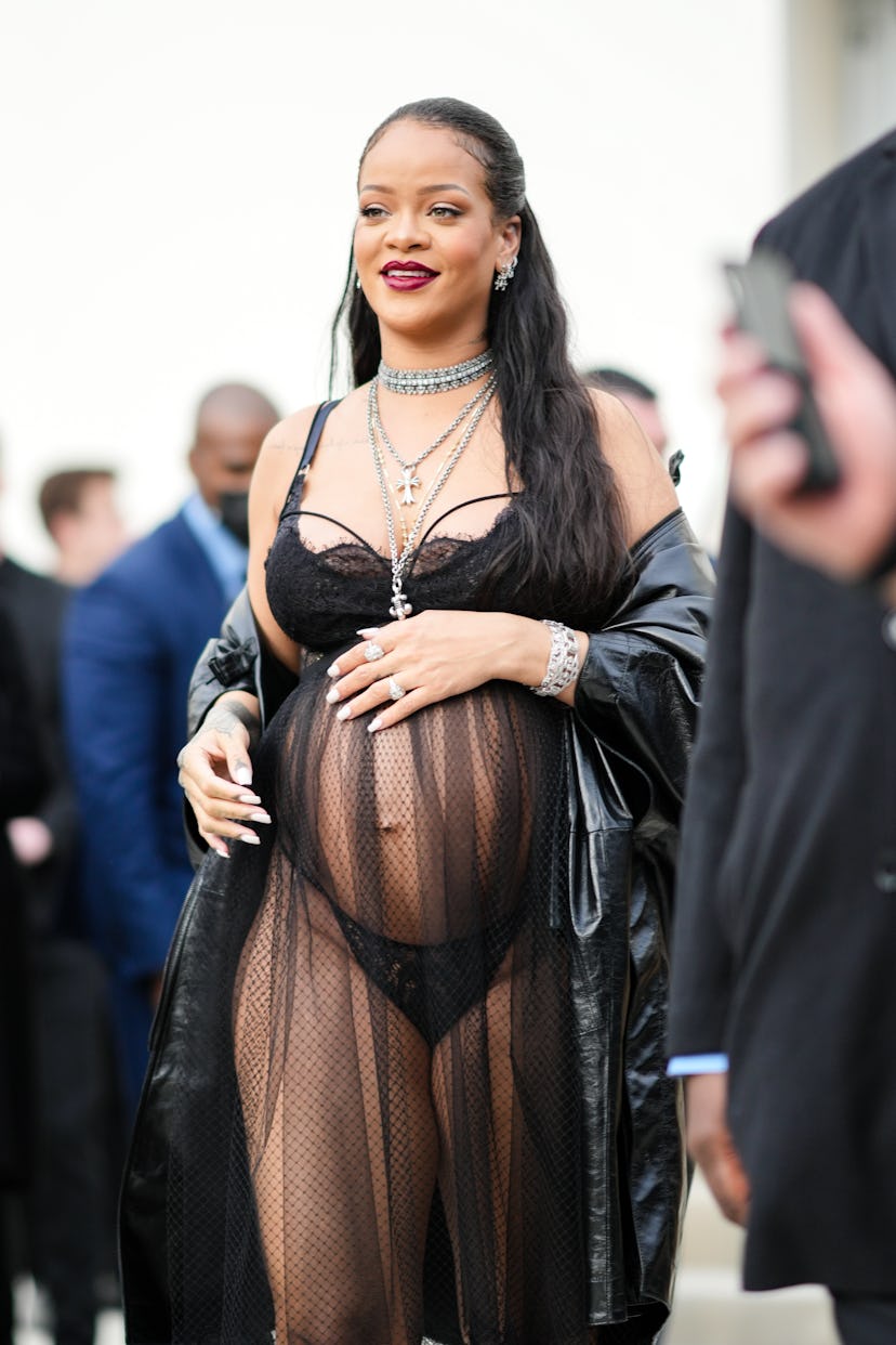 Rihanna is seen outside the Dior show, during Paris Fashion Week - Womenswear F/W 2022-2023, on Marc...