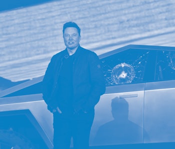 Tesla co-founder and CEO Elon Musk stands in front of the shattered windows of the newly unveiled al...