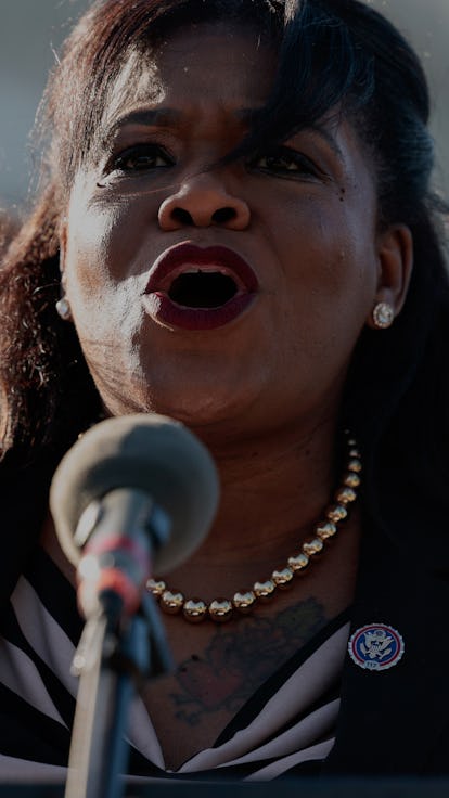 WASHINGTON, DC - MAY 10: Rep. Cori Bush (D-MO) speaks at a news conference outside of the U.S. Capit...