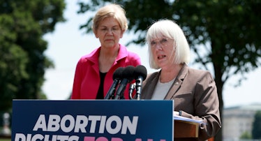 Sen. Elizabeth Warren (D-MA) and Sen. Patty Murray (D-WA) hold a press conference outside the U.S. C...