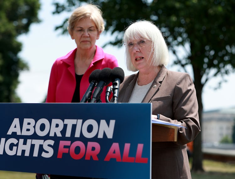 Sen. Elizabeth Warren (D-MA) and Sen. Patty Murray (D-WA) hold a press conference outside the U.S. C...