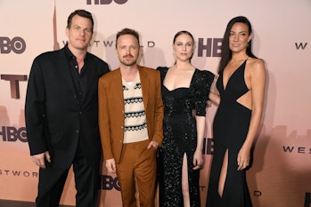 HOLLYWOOD, CALIFORNIA - MARCH 05: (L-R) Jonathan Nolan, Aaron Paul, Evan Rachel Wood, and Lisa Joy a...