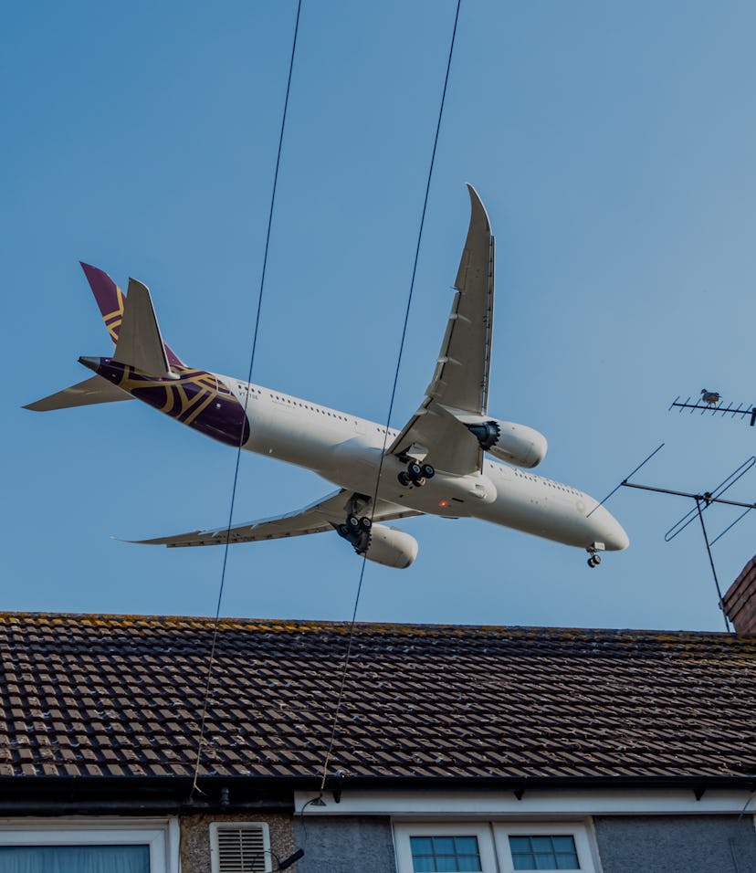 London, United Kingdom - June 15, 2022: Exterior views of Close Up Tracking Shot of commercial fligh...