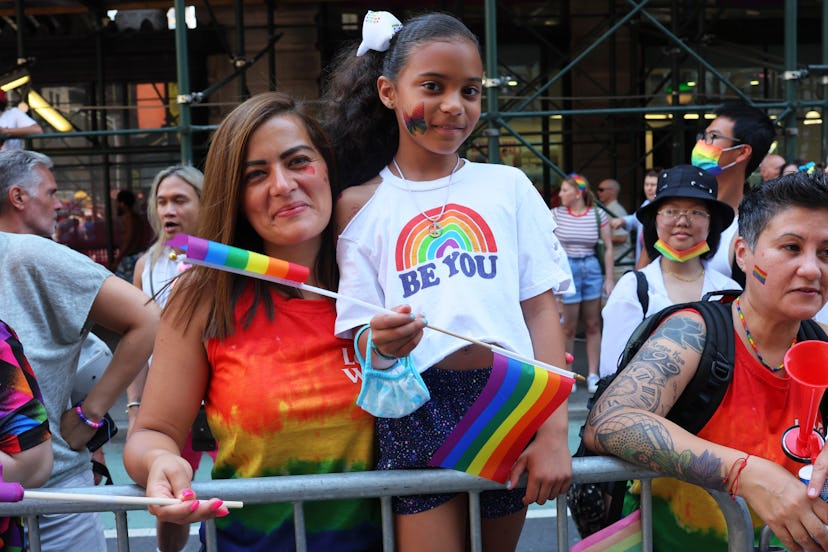 Marcela Alvarez and Sarah Marriot pose for a photo as they watch the New York City Pride Parade on F...