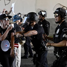 Los Angeles, CA - June 25:  LAPD officers clash with activists including Full House actress Jodie Sw...