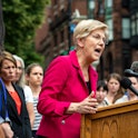 US Senator Elizabeth Warren addresses the public during a rally to protest the US Supreme Courts ove...