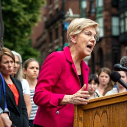 US Senator Elizabeth Warren addresses the public during a rally to protest the US Supreme Courts ove...