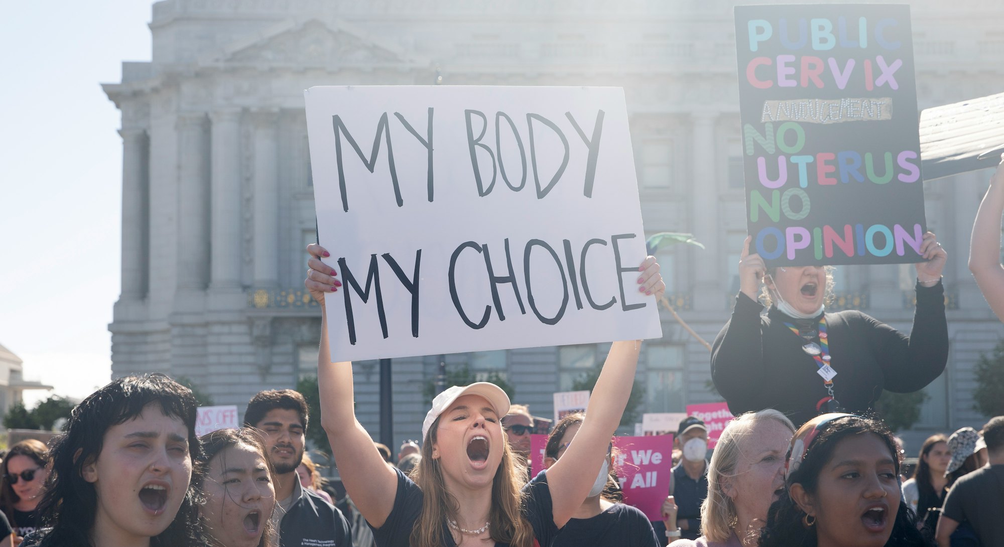 SAN FRANCISCO, CALIFORNIA - JUNE 24: Demonstrators gather in front of San Francisco City Hall to pro...