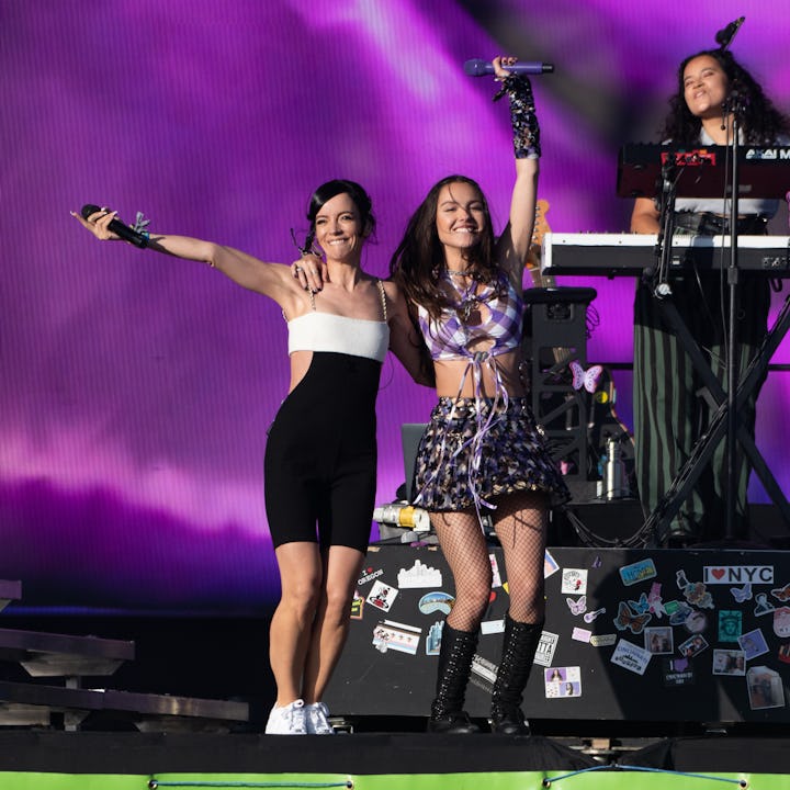 Lily Allen and Olivia Rodrigo perform during day four of Glastonbury Festival at Worthy Farm, Pilton...