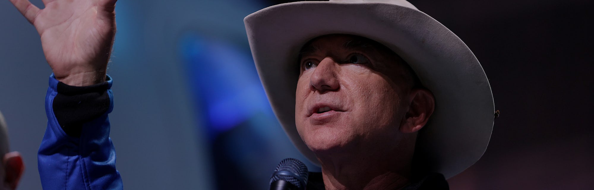 VAN HORN, TEXAS - JULY 20: Jeff Bezos speaks about his flight on Blue Origin’s New Shepard into spac...