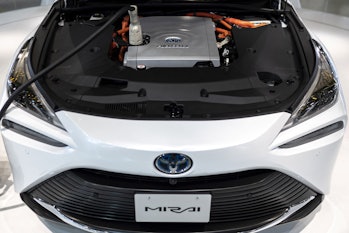 This photo taken on November 4, 2021 shows Toyota's Mirai hydrogen-powered car, which was originally...