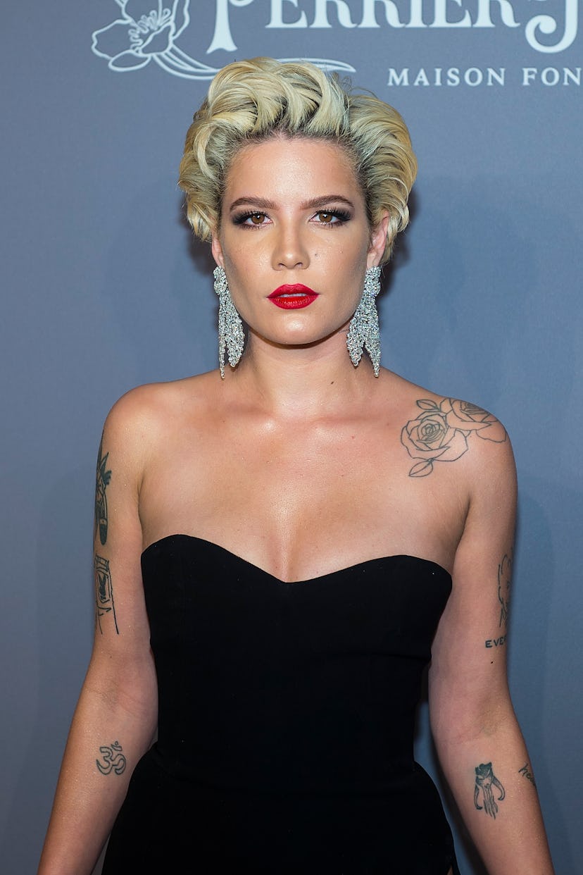 Halsey wears red lipstick to the amfAR Gala New York in 2018.