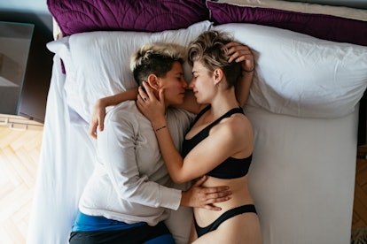 Lesbian couple experimenting with orgasm control kink