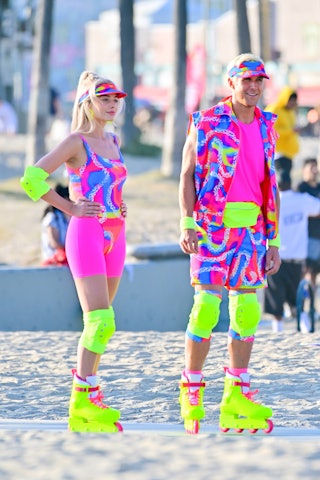 Margot Robbie and Ryan Gosling are real-life Barbie and Ken. Here, they're seen on rollerblades film...