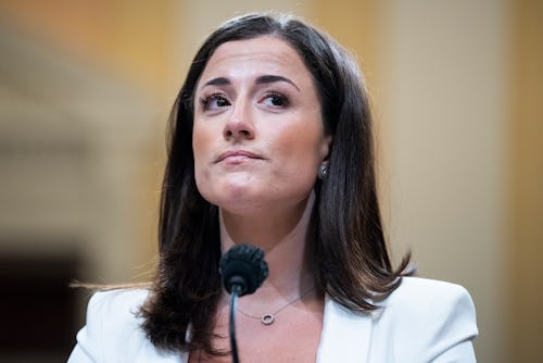 Cassidy Hutchinson testifying at the January 6 hearing in a white blazer and straight hair