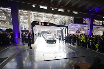 GRUENHEIDE, GERMANY - MARCH 22: A general view during the official opening of the new Tesla electric...