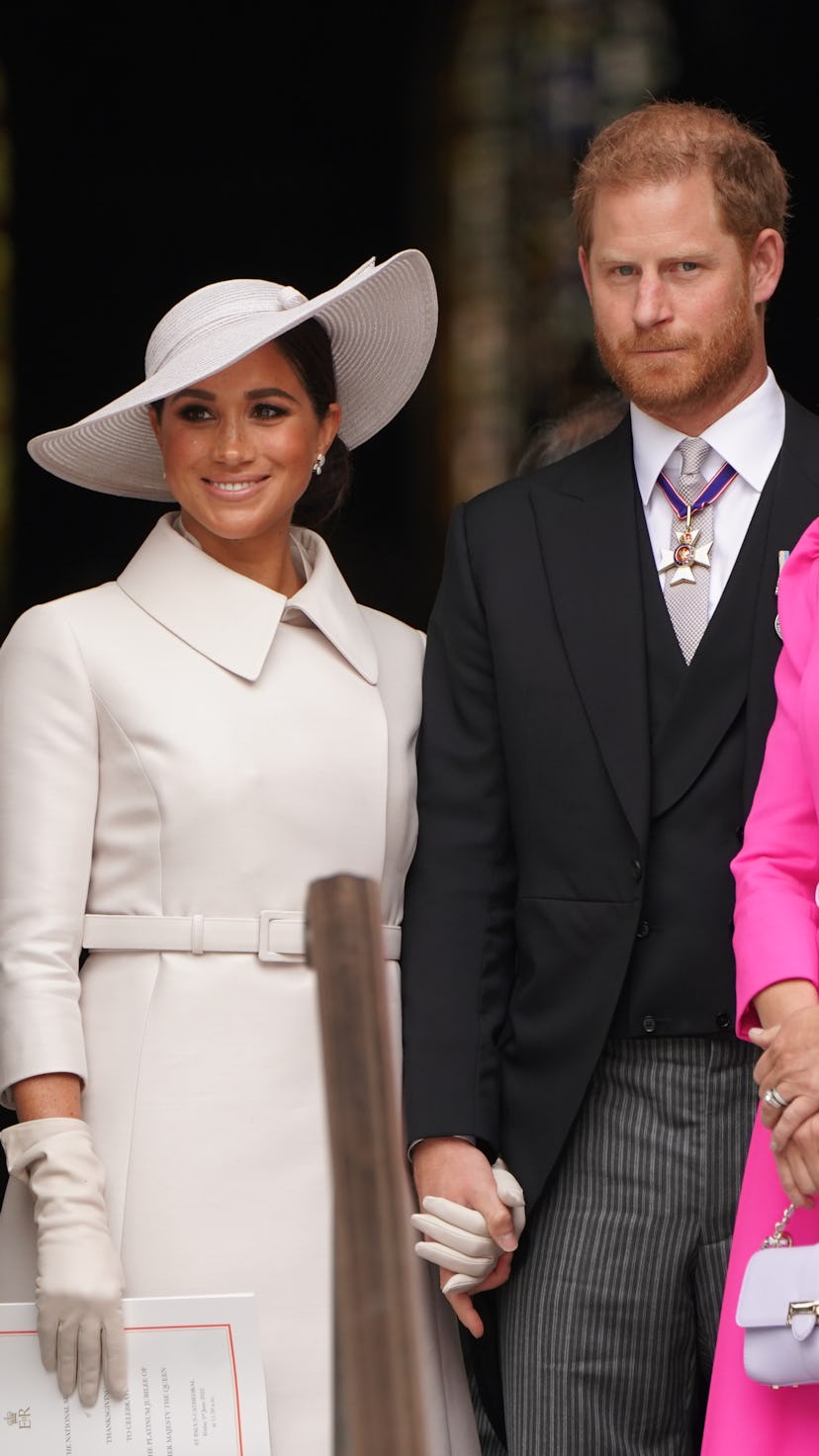 LONDON, ENGLAND - JUNE 03: (L-R) Peter Phillips, Meghan, Duchess of Sussex, Prince Harry, Duke of Su...