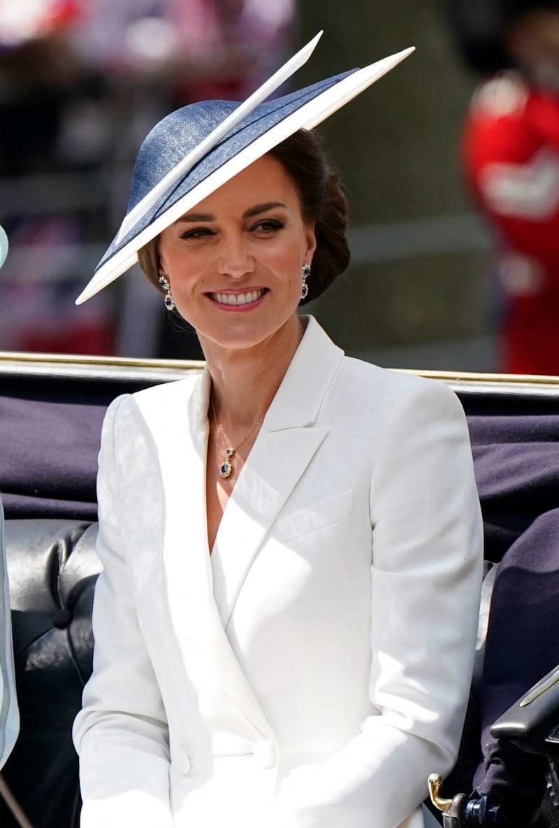 Britain's Catherine, Duchess of Cambridge smiles, on her way to the Queen's Birthday Parade, the Tro...