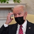 US President Joe Biden speaks in the Oval Office of the White House in Washington, DC, on January 29...