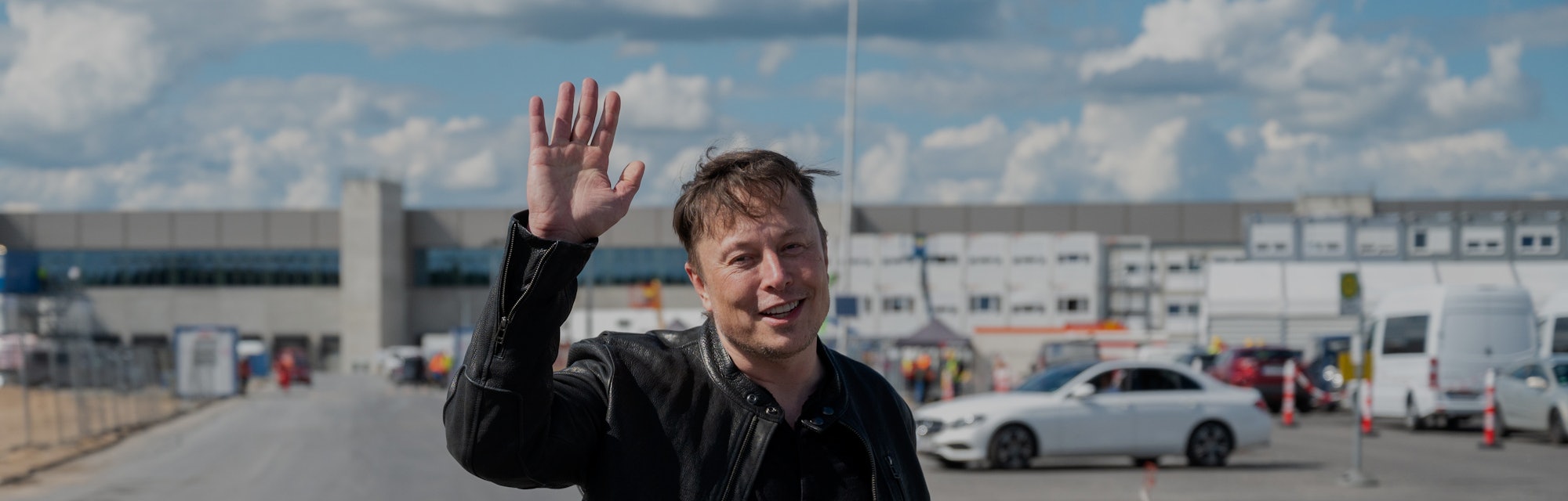 17 May 2021, Brandenburg, Grünheide: Elon Musk, Tesla CEO, stands on the construction site of the Te...