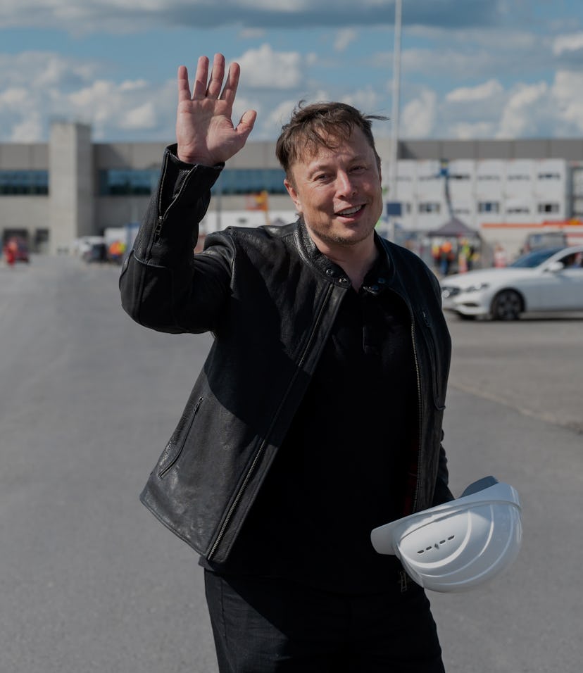 17 May 2021, Brandenburg, Grünheide: Elon Musk, Tesla CEO, stands on the construction site of the Te...