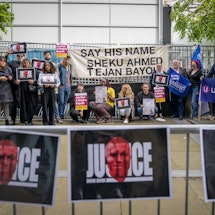 Protesters and supporters for the Bayoh family outside Capital House in Edinburgh for the public inq...