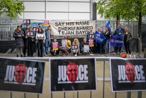 Protesters and supporters for the Bayoh family outside Capital House in Edinburgh for the public inq...