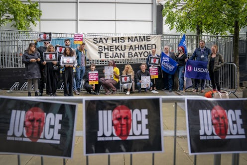 Protesters and supporters for the Bayoh family outside Capital House in Edinburgh for the public inq...