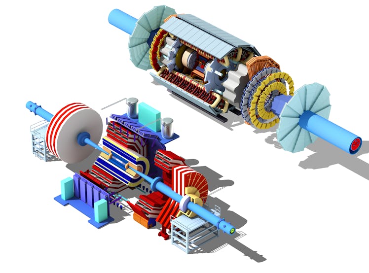 Cutaway illustration of the CMS (Compact Muon Solenoid) (L) and ATLAS (A Toroidal LHC ApparatuS) par...