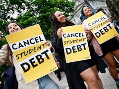 WASHINGTON, DC - MAY 12: Student loan borrowers gather near The White House to tell President Biden ...