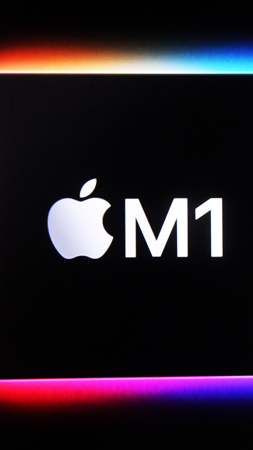UKRAINE - 2020/11/10: In this photo illustration the Apple M1 chip computer logo seen on a mobile ph...