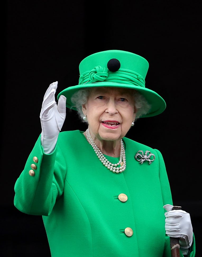 LONDON, ENGLAND - JUNE 05: Queen Elizabeth II waves from the balcony of Buckingham Palace during the...