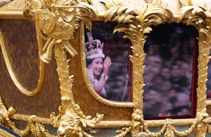 LONDON, ENGLAND - JUNE 05:  A hologram of Britain's Queen Elizabeth II during her coronation is proj...