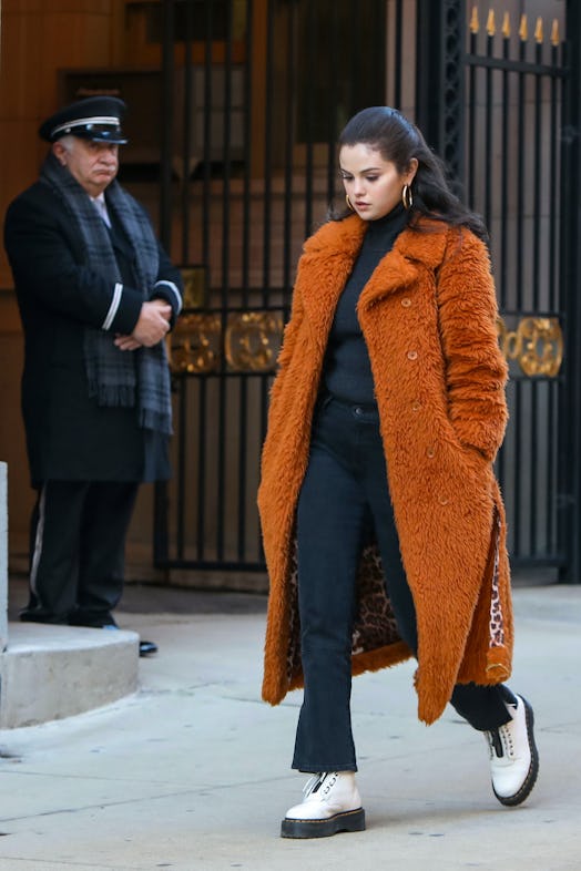 Selena Gomez is seen at the film set of the "Only Murders in the Building" TV series on February 25,...