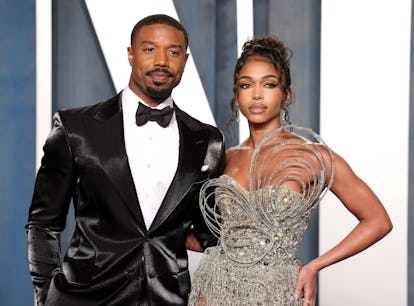 BEVERLY HILLS, CALIFORNIA - MARCH 27: (L-R) Michael B. Jordan and Lori Harvey attend the 2022 Vanity...