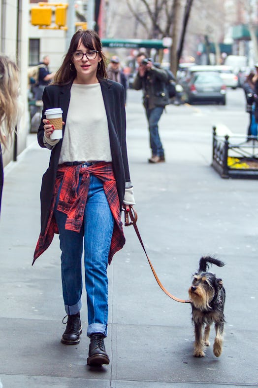 Dakota Johnson is seen walking her dog Zeppelin on April 10, 2015 in New York City.