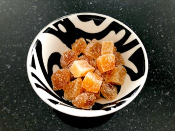 Close-up of candied ginger in a bowl in Biel, Canton of Bern, Switzerland