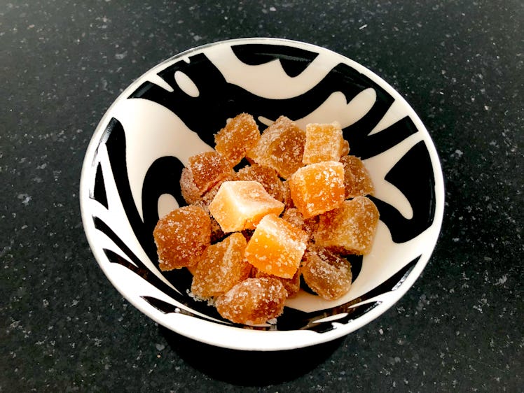 Close-up of candied ginger in a bowl at Biel, Bern Canton, Switzerland