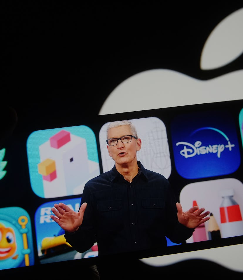 UKRAINE - 2021/06/07: In this photo illustration the Apple CEO Tim Cook is seen on a mobile phone sc...