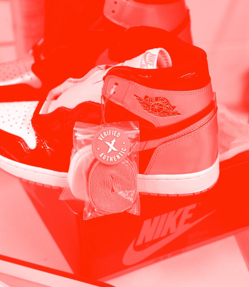 A pair of Air Jordan 1 Retro shoes are seen before being packed to ship out of Stock X on January 10...