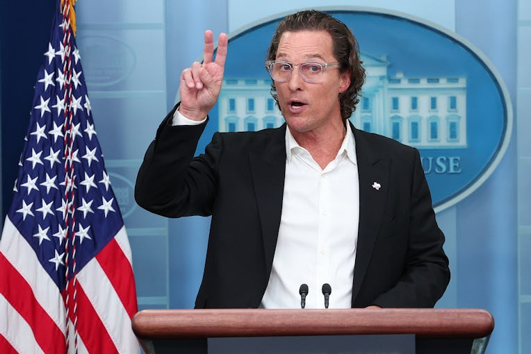 WASHINGTON, DC - JUNE 07: After meeting with President Joe Biden, actor Matthew McConaughey talks to...