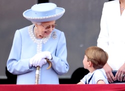 LONDON, ENGLAND - JUNE 02: Queen Elizabeth II and Prince Louis of Cambridge on the balcony of Buckin...