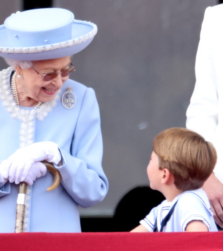 LONDON, ENGLAND - JUNE 02: Queen Elizabeth II and Prince Louis of Cambridge on the balcony of Buckin...