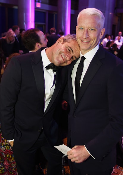 Television host Andy Cohen (L) and journalist Anderson Cooper attend Elton John AIDS Foundation's 14...