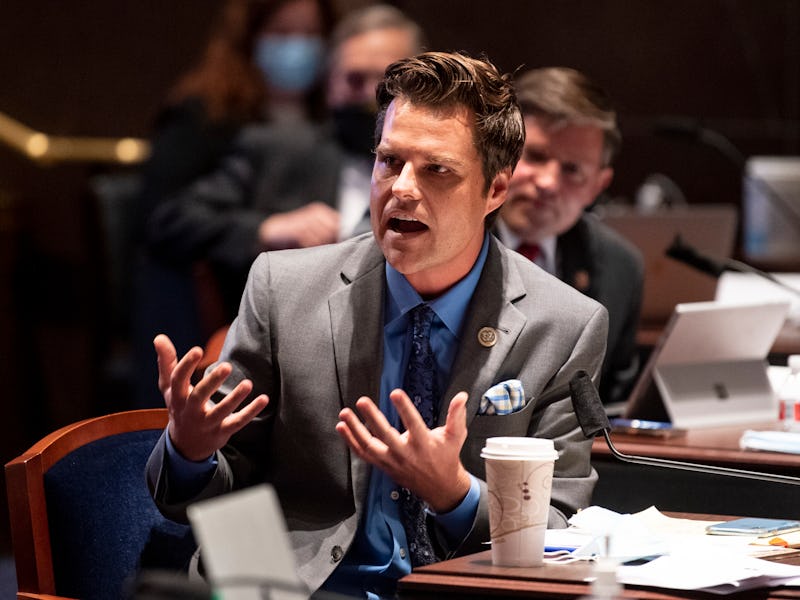 WASHINGTON, DC - JUNE 17: Rep. Matt Gaetz (R-FL) disagrees with remarks by Rep. Cedric Richmond (D-L...