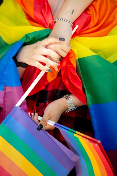 AVENIDA DOS ALIADOS, PORTO, PORTUGAL - 2021/07/03: Participant holds LGBT flags during the parade.
H...