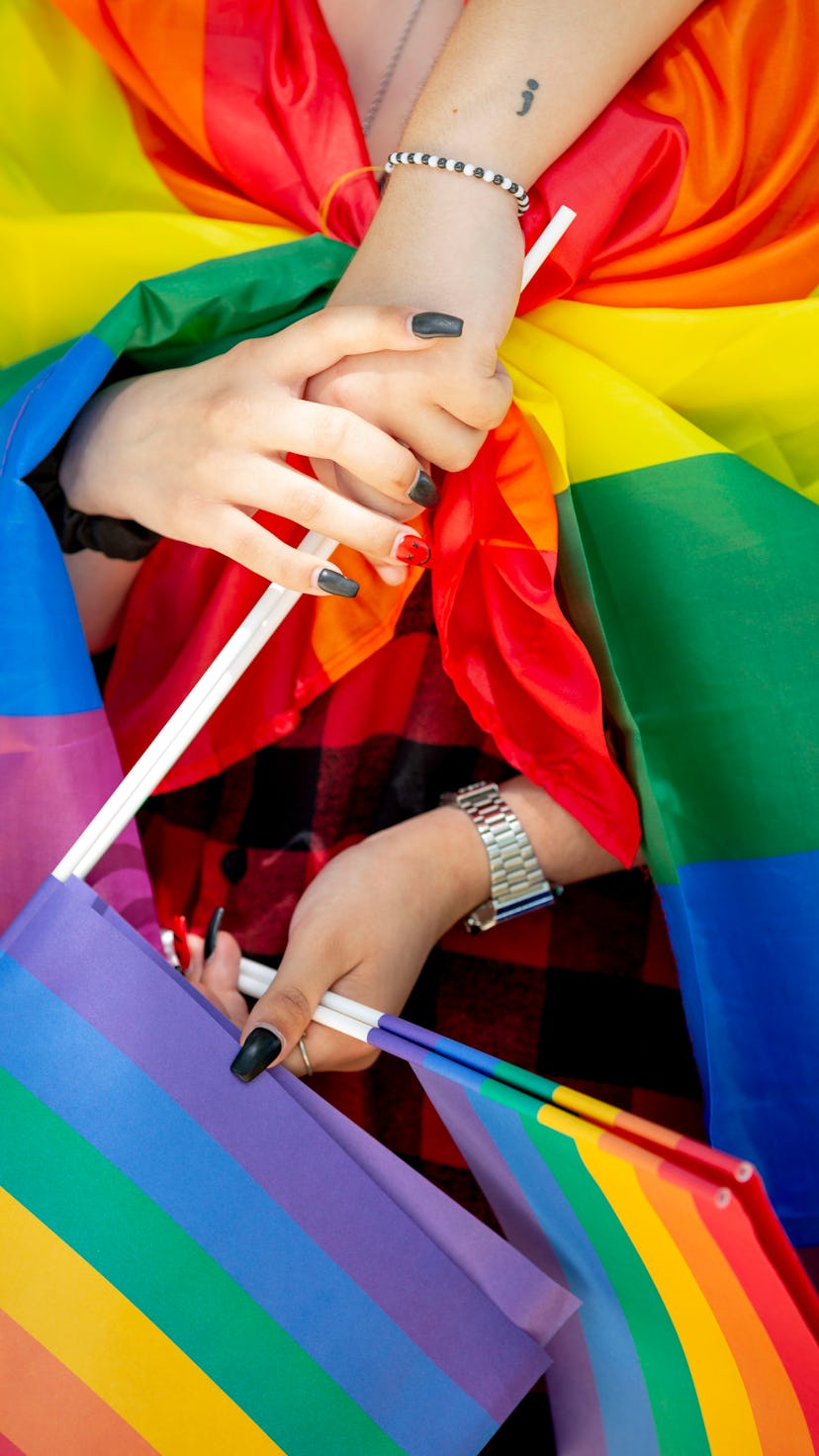 AVENIDA DOS ALIADOS, PORTO, PORTUGAL - 2021/07/03: Participant holds LGBT flags during the parade.
H...
