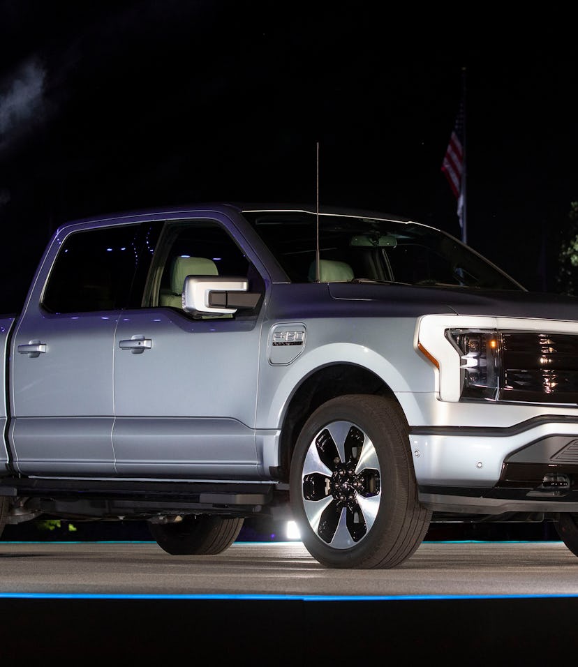 DEARBORN, MI - MAY 19: The new all-electric Ford F-150 Lightning performance pickup truck is reveale...