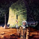 1960s ILLUSTRATION ASTRONAUTS ON EARTHS MOON SPACEMAN SURVEYORS EXPLORERS SCI-FI SCIENCE FICTION FA...