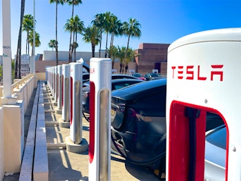 Los Angeles, California, USA - Many vehicles parked and being charged at public electric vehicle cha...